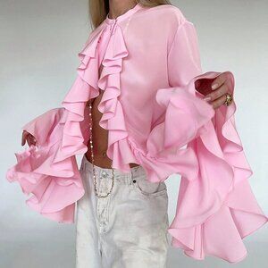 Pink Party Women's Ruffle Front & Bell Sleeves Chiffon Blouse